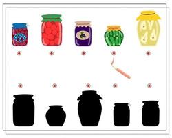 Children's logic game find the right shadow, jam jars. Vector isolated on a white background.