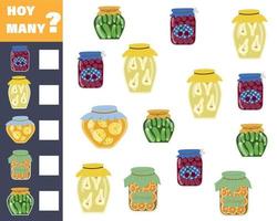 Children's math game count how many jars of jam. Vector isolated on a white background.