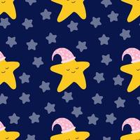 Seamless pattern. A cute little star is sleeping in a sleeping hat on a blue background. The theme of the lullaby. Vector cartoon illustration