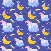 Seamless pattern. Cute hippopotamus sleeps on a cloud, the moon in a hat for sleeping on a blue background. Lullaby theme. Vector cartoon illustration