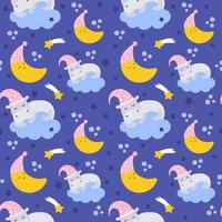 Seamless pattern. Cute hippopotamus sleeps on a cloud, the moon in a hat for sleeping on a blue background. Lullaby theme. Vector cartoon illustration