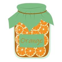 Jar of orange jam in cartoon style, vector isolated on a white background.