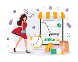 Young  woman paying with a credit card for her order. Online shopping, sale, bargain, payment concept illustration in modern flat faceless style. vector