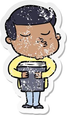 distressed sticker of a cartoon model guy pouting