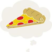 cartoon pizza slice and thought bubble in retro style vector