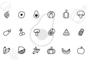 icons, symbols of fruits and vegetables in outline style on a white background with pepper, grapes, mushroom and avocado vector