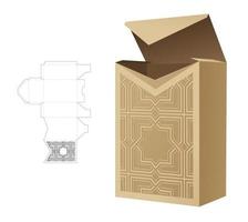 Cardboard stenciled pattern packaging box die cut template and 3D mockup vector