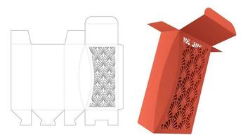 Chamfered box with stenciled Japanese pattern window die cut template and 3D mockup vector