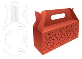 Handle box with stenciled Memphis pattern die cut template and 3D mockup vector