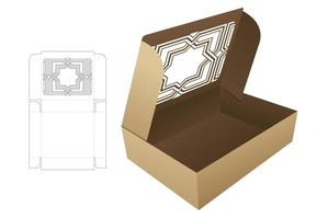 cardboard folding box with stenciled window die cut template and 3D mockup vector