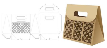 cardboard flip bag with stenciled window die cut template and 3D mockup vector