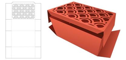 Cardboard folding box with stenciled Japanese pattern die cut template and 3D mockup vector