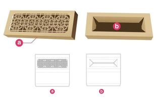 tin and long box with stenciled pattern cover die cut template and 3D mockup vector