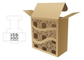 Packaging box with stenciled pattern window die cut template and 3D mockup vector