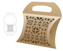 Handle pillow box with stenciled pattern die cut template and 3D mockup vector