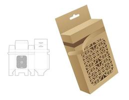 Stenciled pattern zipping box with hanging hole die cut template and 3D mockup vector