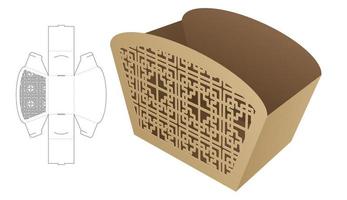 french fries bowl box with stenciled pattern die cut template and 3D mockup vector