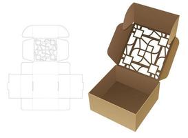 Stenciled pattern bakery box die cut template and 3D mockup vector