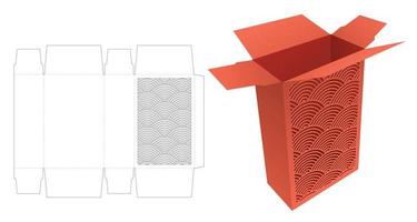 Cardboard packaging with stenciled Japanese pattern die cut template and 3D mockup vector