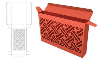 Cardboard tin box with Japanese pattern window die cut template and 3D mockup vector