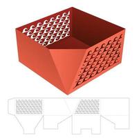 Cardboard one chamfered tray container with stenciled Japanese pattern die cut template and 3D mockup vector