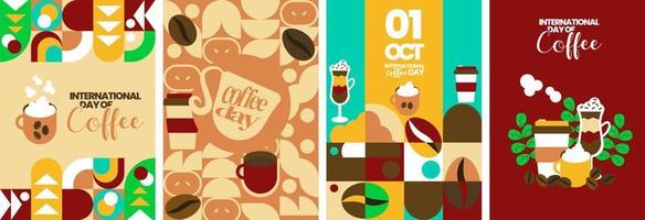 1 de octubre cartel geométrico del día internacional del café, fondo, colección de vectores de invitación