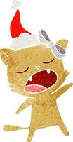 retro cartoon of a singing cat wearing santa hat vector