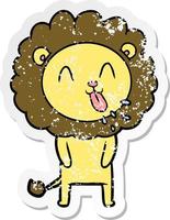 distressed sticker of a happy cartoon lion vector