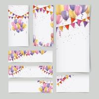 pancartas de cumpleaños de tarjetas de felicitación de diferentes tamaños con tipografía de feliz cumpleaños. confeti de colores y globos con diferentes elementos gráficos. estilo escandinavo. pancarta de vacaciones vector