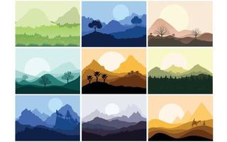 Mountain landscape illustration set. Cartoon summer collection of mountainous natural landscape backgrounds with green forest and lake in the morning, afternoon, evening, and night, nature panorama vector