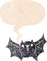 cartoon happy vampire bat and speech bubble in retro textured style vector