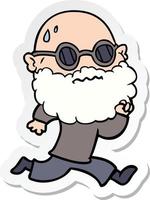 sticker of a cartoon running man with beard and sunglasses sweating vector