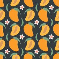 Seamless pattern with mango, flowers and leaves. Fruit pattern. vector