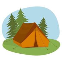 Tourist camping tent, against the background of trees. Travel and adventure concept. vector