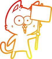 línea de gradiente cálido dibujo divertido gato de dibujos animados con signo vector