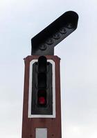 Closeup of the railway traffic light for controlling the train before entering the station. photo