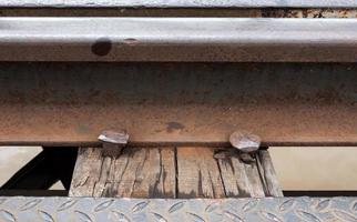 Closeup of the railway and metal peg. photo
