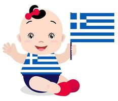 Smiling baby toddler, girl holding a Greece flag isolated on white background. Vector cartoon mascot. Holiday illustration to the Day of the country, Independence Day, Flag Day.