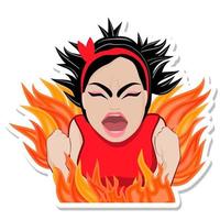 Grr, Cartoon brunette woman knitted her brows, closed her eyes, opened her mouth wide, screams with anger and rage, shaggy angry fury girl on fire of annoyance. vector