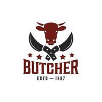 Butchery shop logo design template, cow face and meat cleaver knife logo design template, butchery logo design element vector