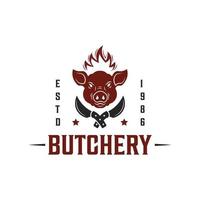 Butchery shop logo vector illustration design template, pig head and meat cleaver knife logo vector design element, good for restaurant logo design