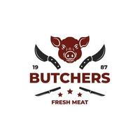 Butchery shop or restaurant logo vector illustration template pork head and meat cleaver knife good for menu and restaurant sign, butchery shop logo design template inspiration element design