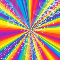 Rays rainbow striped pattern with white wave lines and circles. Abstract wallpaper colorful background, vector bright festive Illustration.