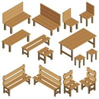 Isometric vector garden furniture for park, city, summer residence. Wooden table, chair, bench, stool. Vector icons landscape design for game, map, print, ets. Isolated on white background.