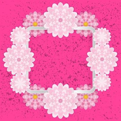 Spring congratulatory floral background. Festive paper flowers on a square light frame. Grunge bright pink background. Vector greeting card with a holiday