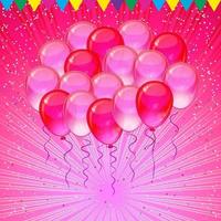Pink festive balloons, confetti, ribbons flying for celebrations card. vector