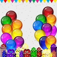 Birthday party vector background with balloons and gifts, colorful festive balloons, confetti, ribbons flying for celebrations card.