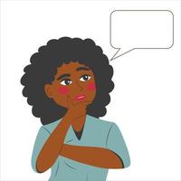 Thinking young black woman has a question. Rubs chin, looks up and thinks about a new creative idea with an empty thought bubble nearby. vector