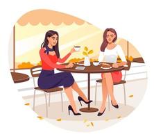 Girls drink coffee in a coffee shop in the fall. The girls are talking while sitting on the terrace of the cafeteria. Cartoon vector illustration