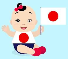 Smiling baby toddler, girl holding a Japan flag isolated on white background. Vector cartoon mascot. Holiday illustration to the Day of the country, Independence Day, Flag Day.